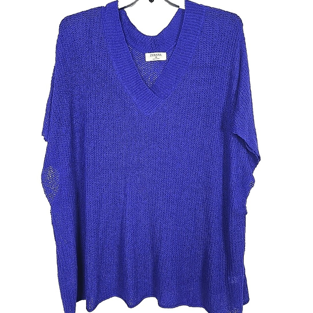 Zenana Outfitters Royal Blue Open Knit V-Neck Poncho Sweater